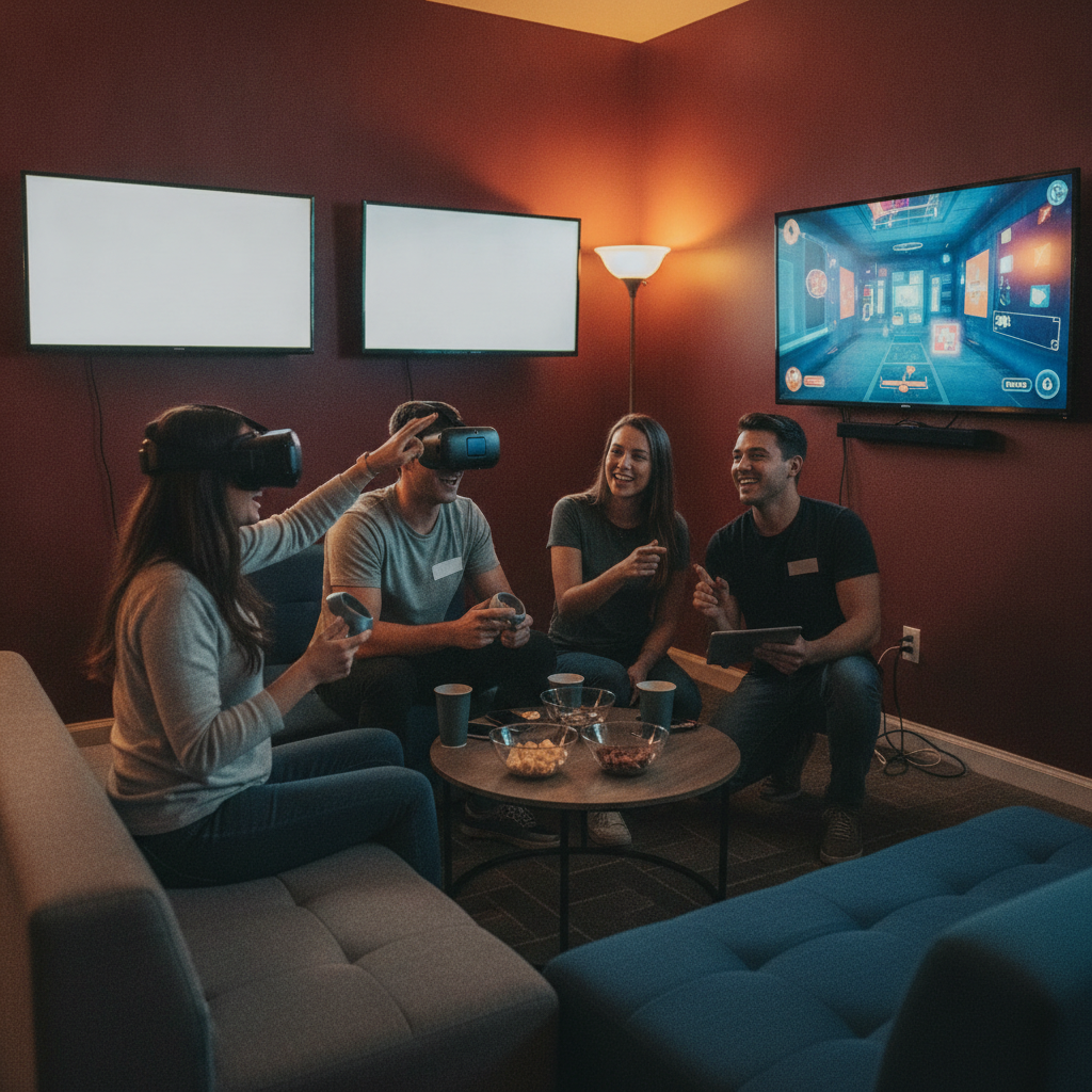 Group collaborating in a VR escape room with spectators watching on large TVs in a party room at The Next Level in London, Ontario