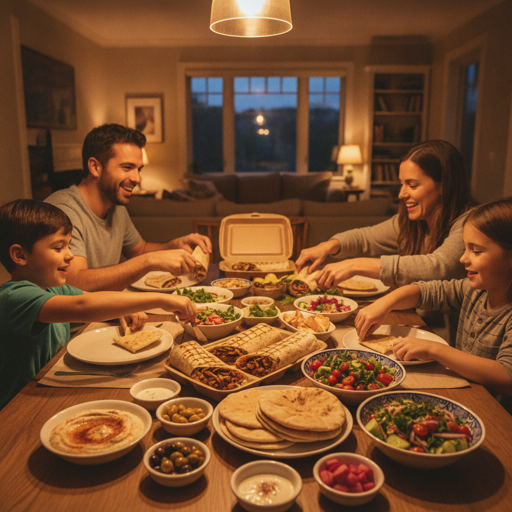 Family unpacking shawarma pickup dinner at home in Toronto with wraps, salads, and hummus ready to plate