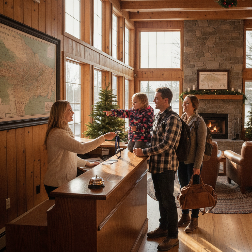 Family-friendly motel lobby check-in scene showing easy arrivals and guest services in North Conway