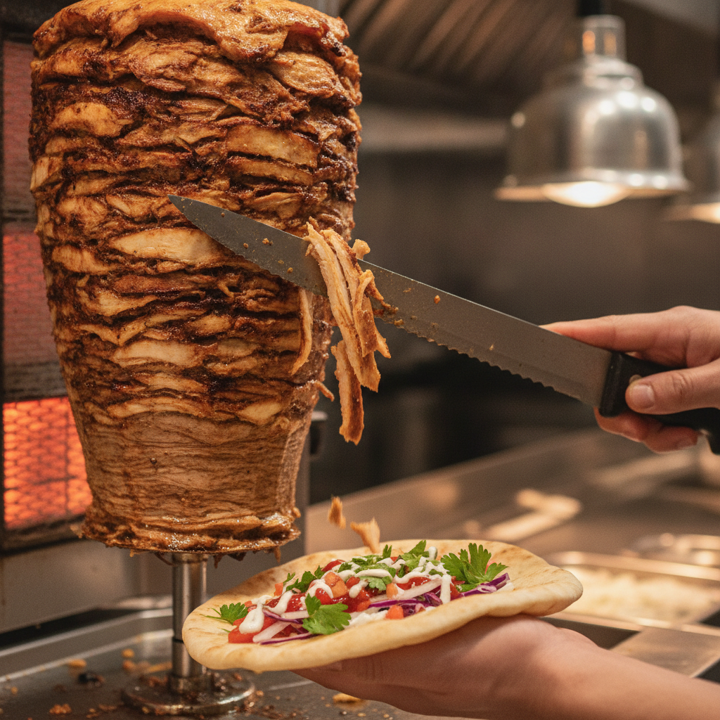 Close-up shawarma sliced from rotisserie for pickup orders, showing juicy texture and fresh toppings for dinner in Toronto