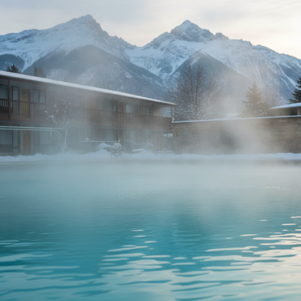 Outdoor heated pool at a North Conway motel with mountain view, illustrating hotel accommodations and amenities for families