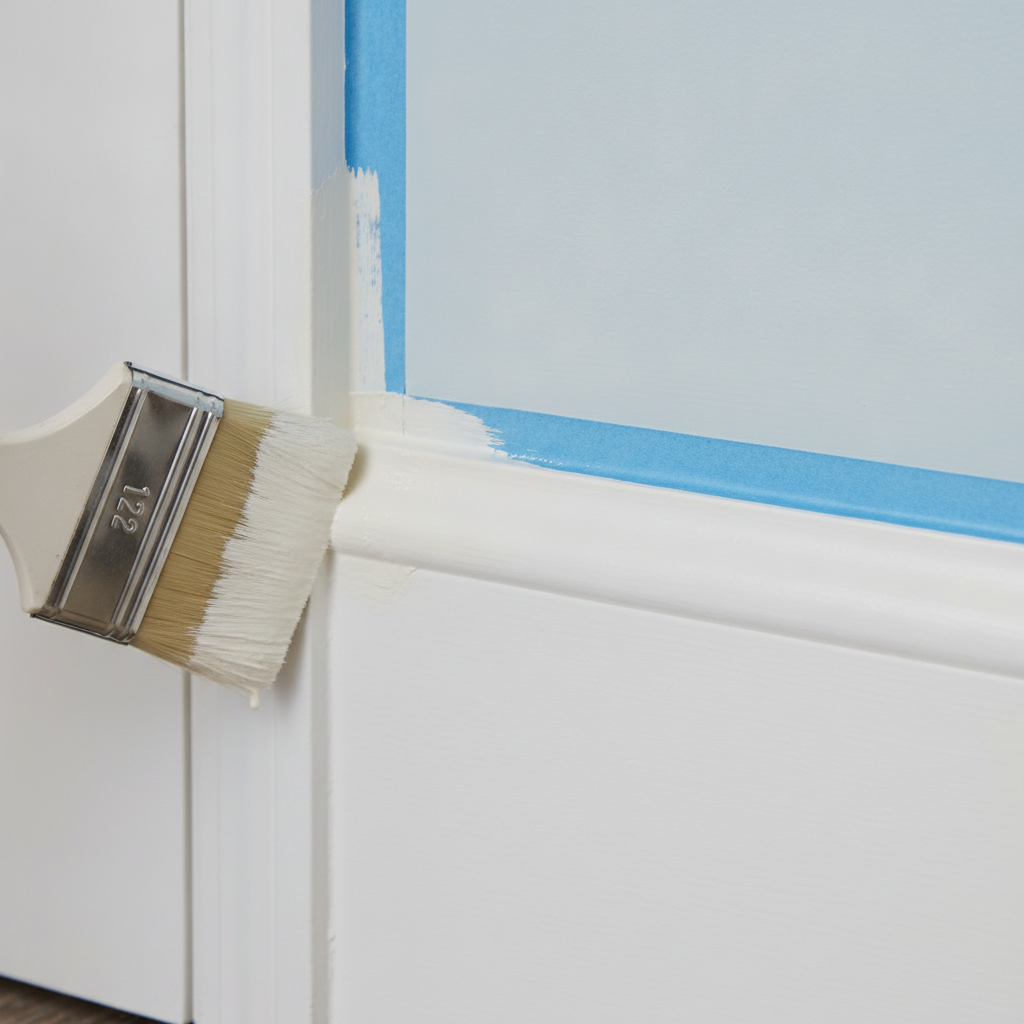 Close-up of cutting in along white trim with an angled sash brush during interior home painting services