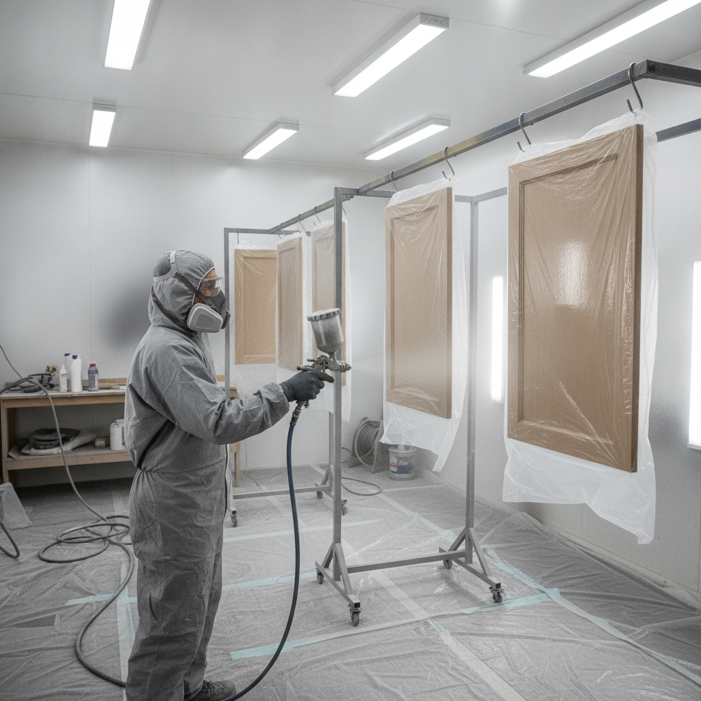 HVLP spray painting of kitchen cabinet doors in a controlled setup for a factory-like finish