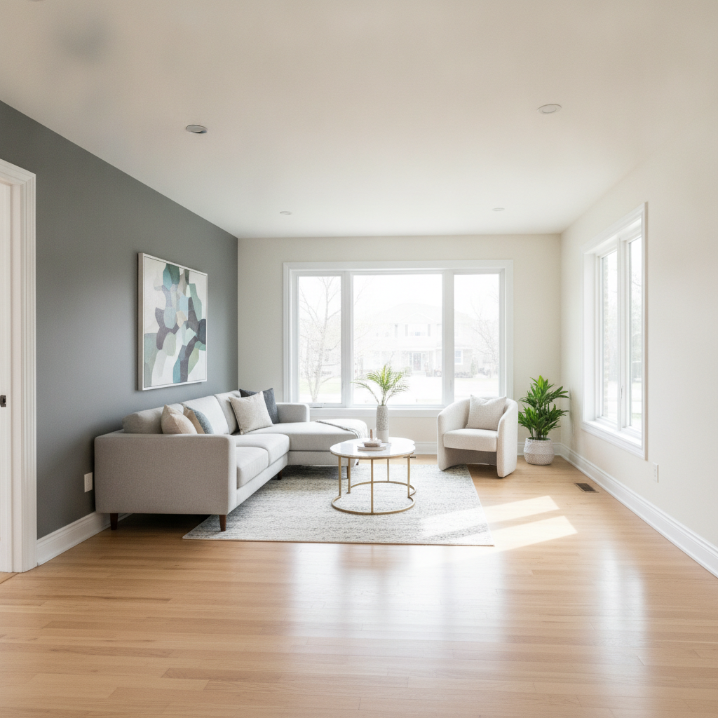 Freshly painted living room with neutral walls, accent wall, and crisp white trim by interior home painting services team
