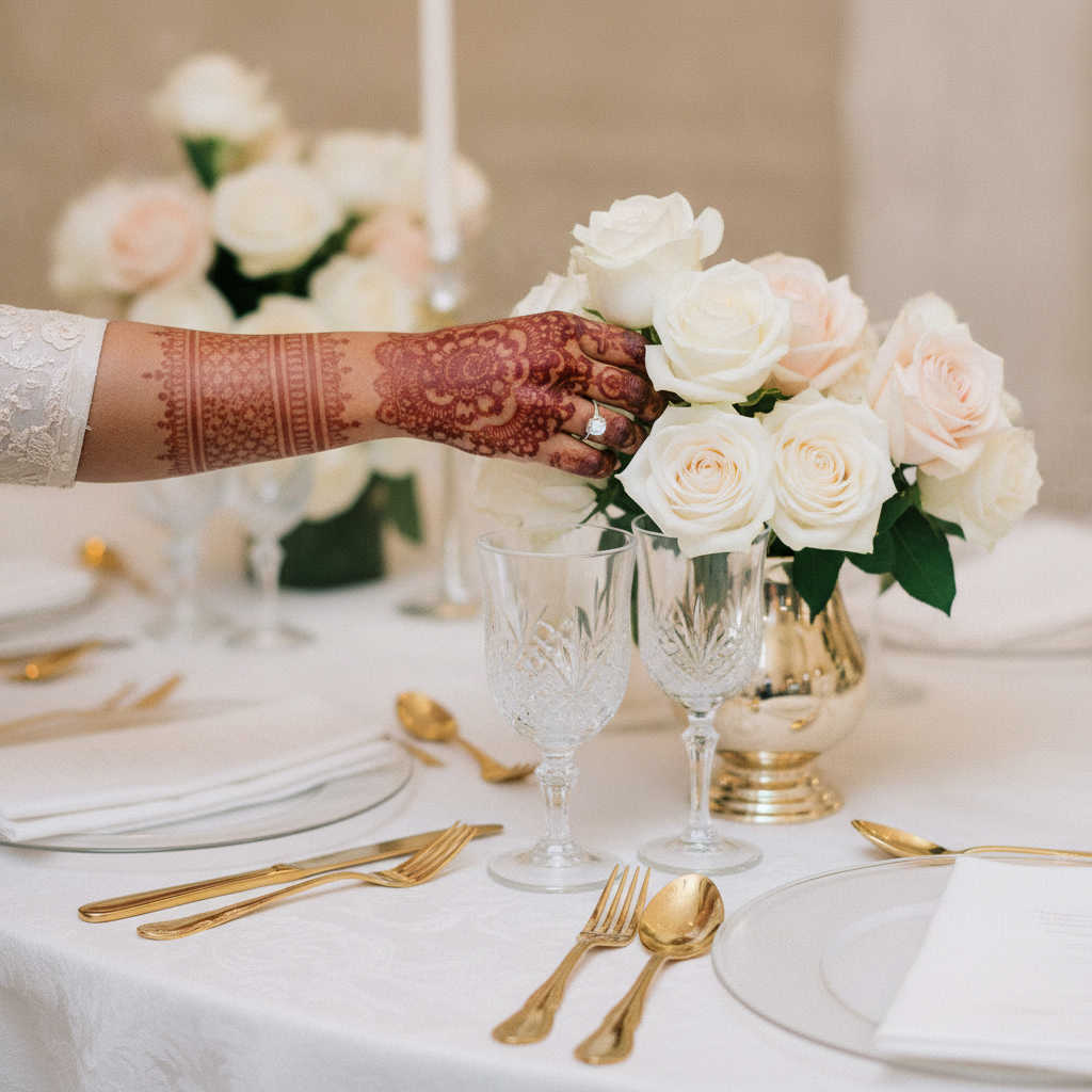 Close-up of South Asian bridal mehndi hand arranging wedding tablescape with blush roses, gold cutlery, and crystal glassware, styled by a UK wedding planner