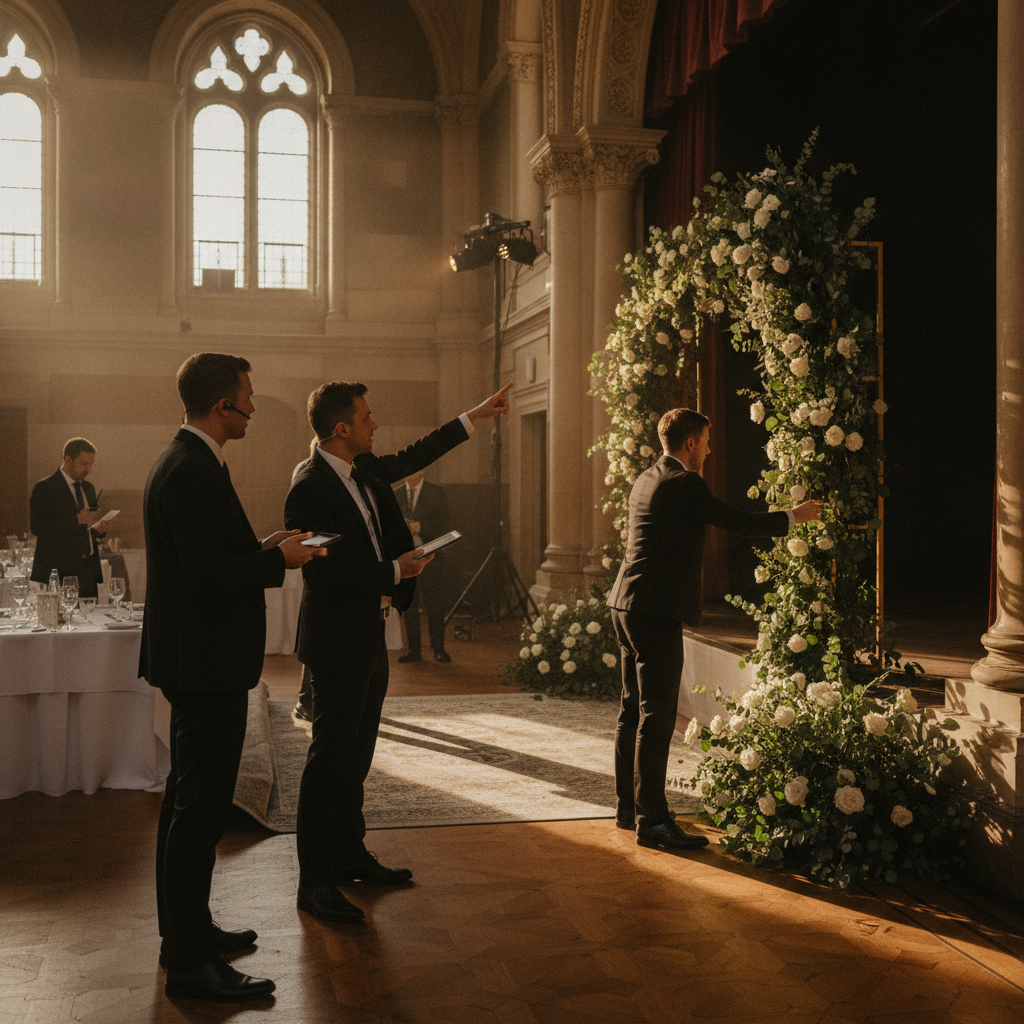 Event planning team conducting a venue walkthrough in a historic London hall, adjusting stage lighting and floral arch for a UK wedding
