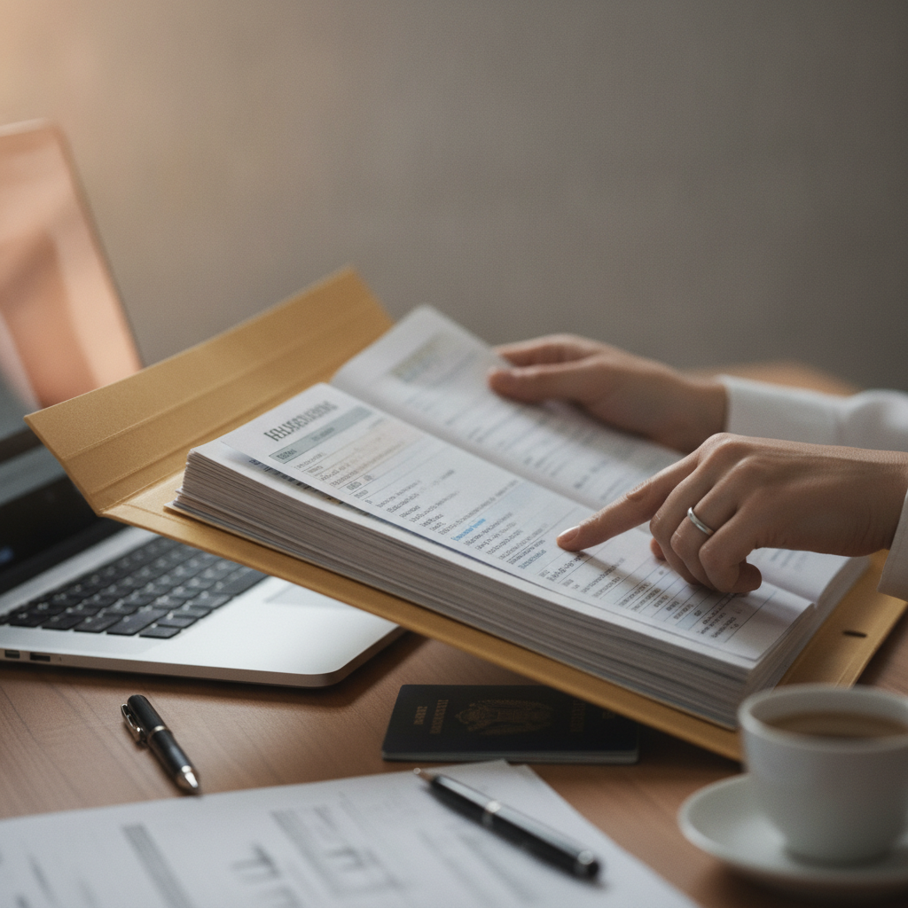 Close-up of an immigration professional preparing a Global Skills Strategy work permit file with travel documents and laptop