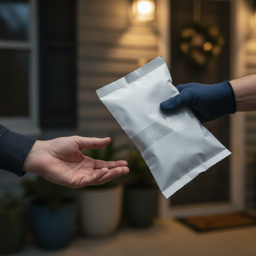 Secure doorstep handoff for cigarette delivery with tamper-evident bag in Calgary
