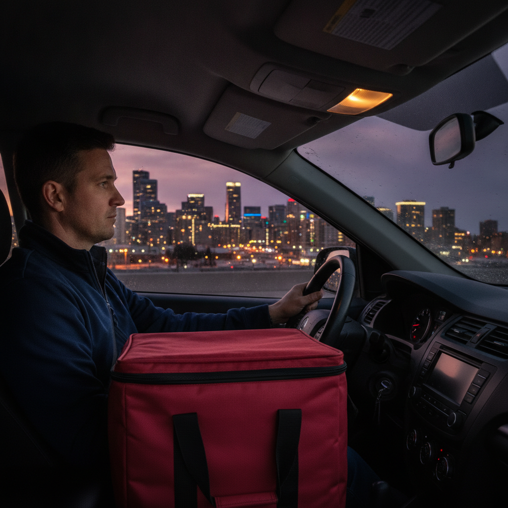 On-the-road delivery scene in Calgary with insulated bag ready for fast, discreet cigarette delivery