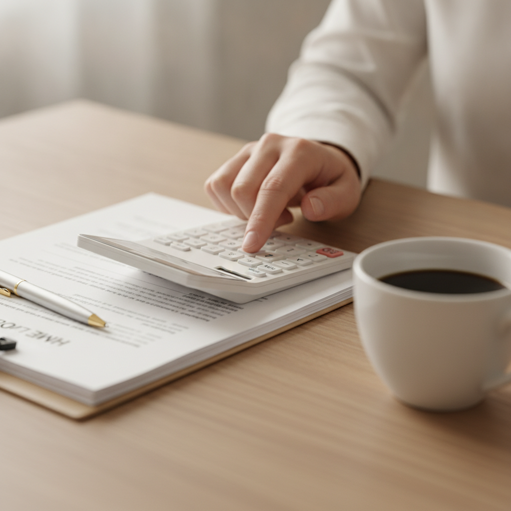 Close-up of refinance paperwork and calculator during home loan refinancing analysis