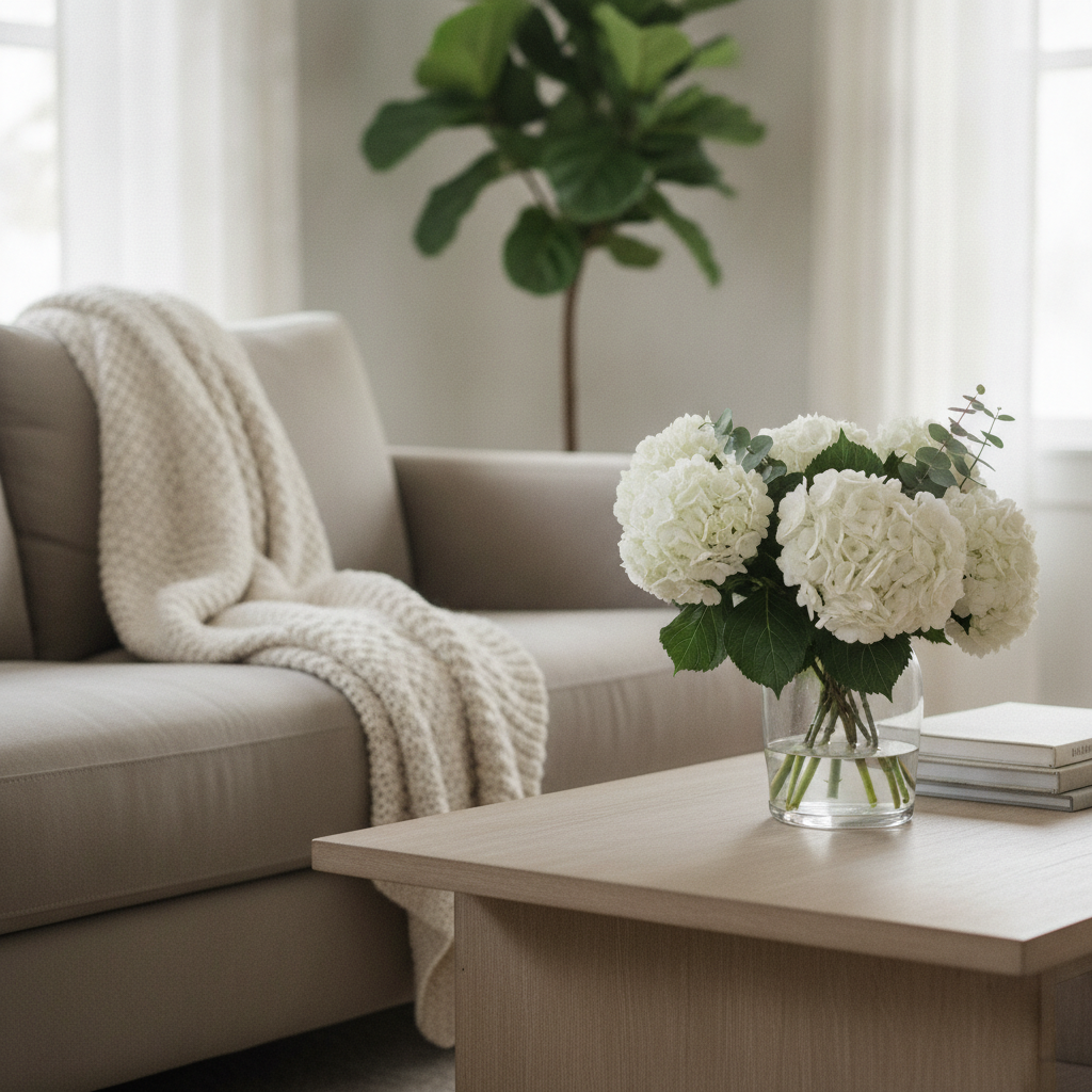 Detail shot of neutral staging elements that help sell my house fast: textured throw, fresh flowers, and clean surfaces for move-in-ready appeal