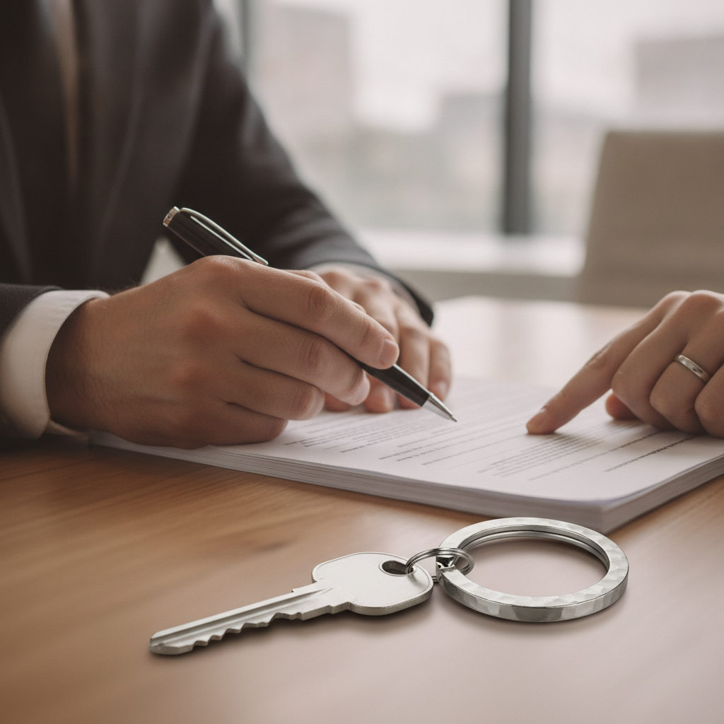Close-up of signing real estate closing documents with keys on table, illustrating Toronto Real Estate Law steps