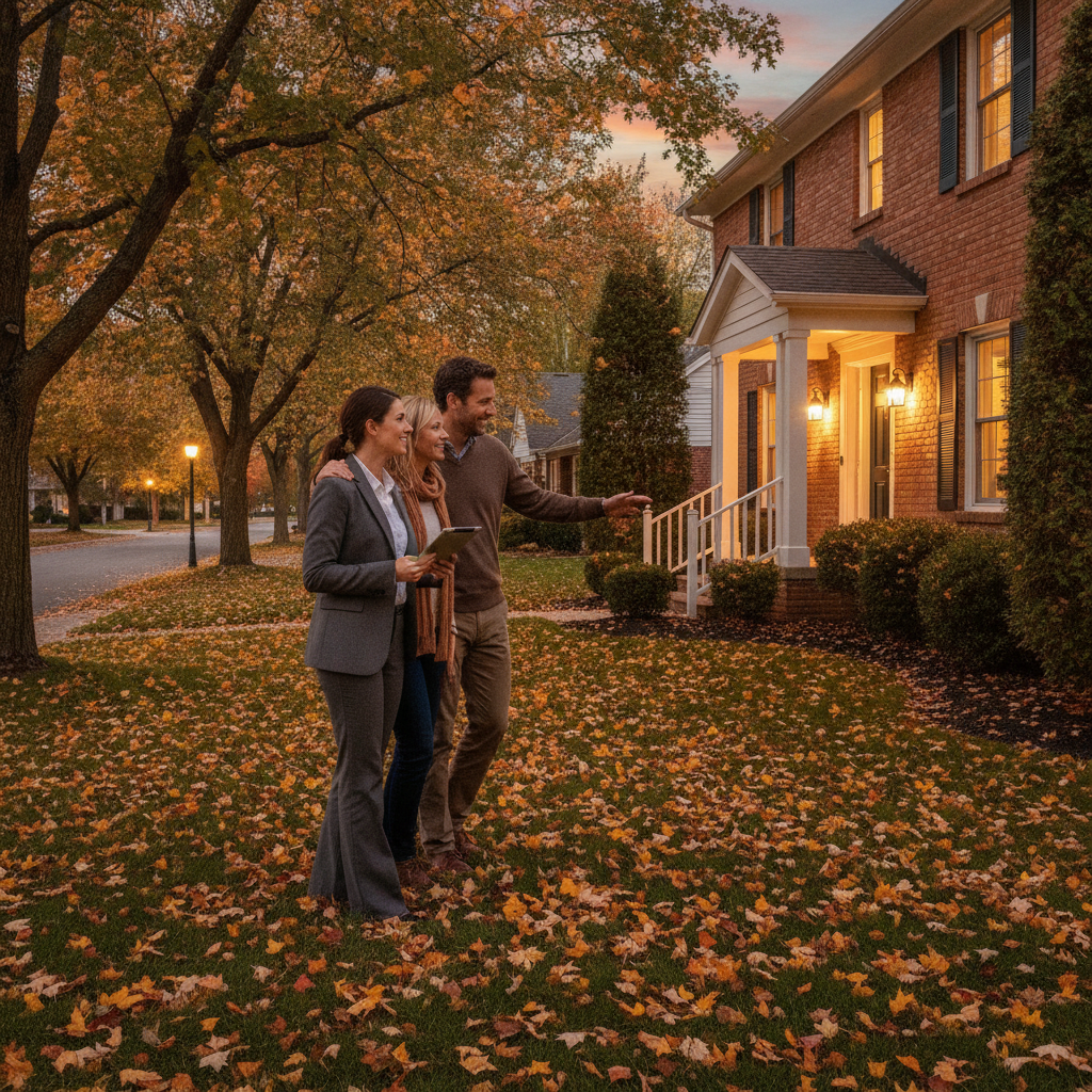 Realtor showing a detached home at dusk while clients apply advanced tips to interpret a real estate listing in Brampton