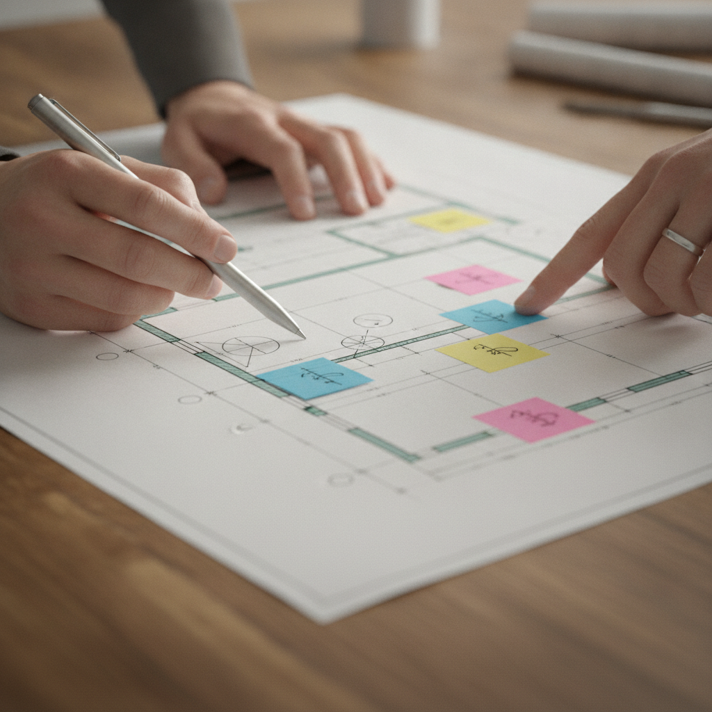 Close-up of hands reviewing a floor plan to learn how to read a real estate listing and verify room layout details