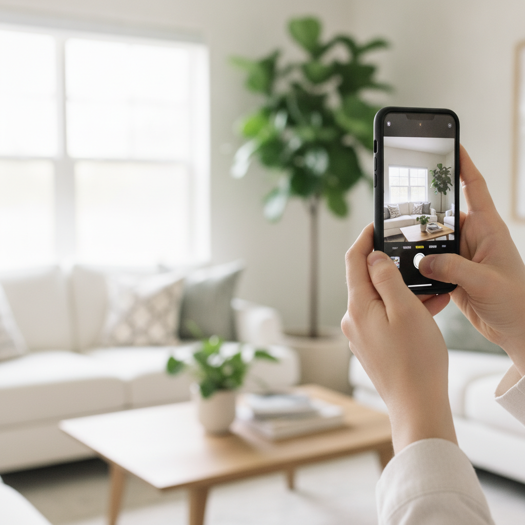 Close-up of a seller capturing bright living room listing photos for flat fee MLS or Houseup, showing hands holding a phone and soft window light