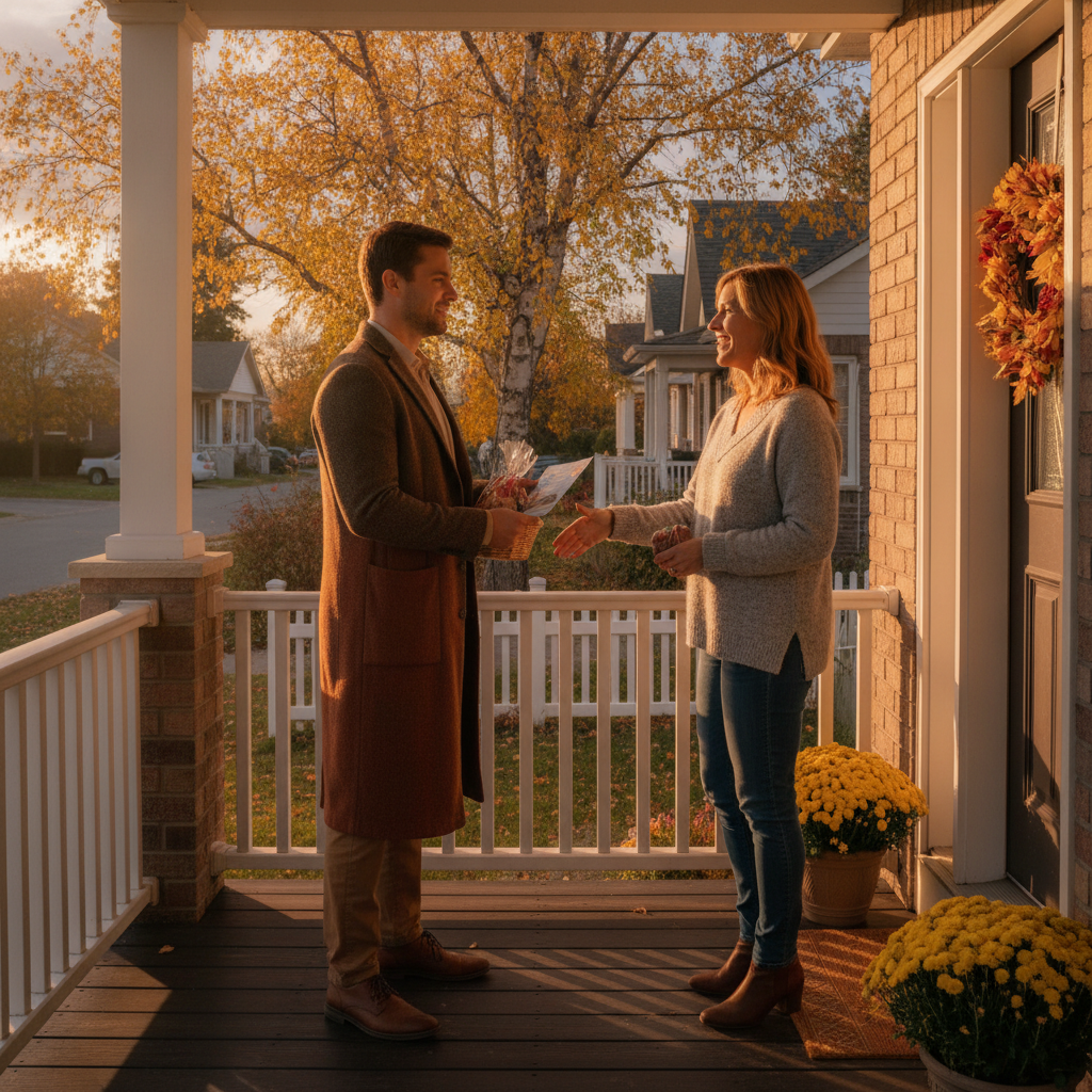 Homeowner greeting buyers at a self-hosted showing in a suburban Canadian neighborhood, illustrating streamlined flat-fee MLS or Houseup workflows