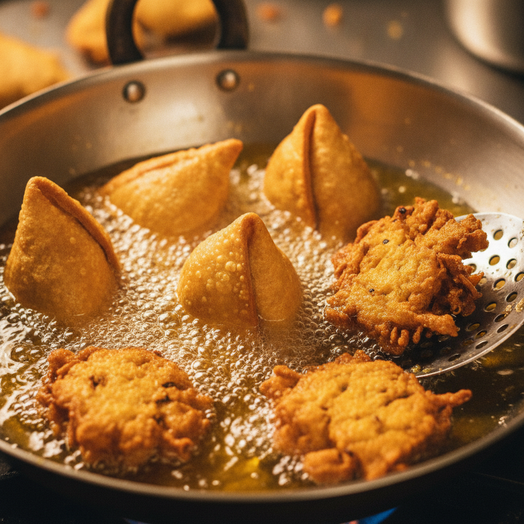 Close-up frying shot of North Indian snacks in a kadai—samosas and onion bhaji crisping in shimmering oil, illustrating proper technique for North Indian snacks