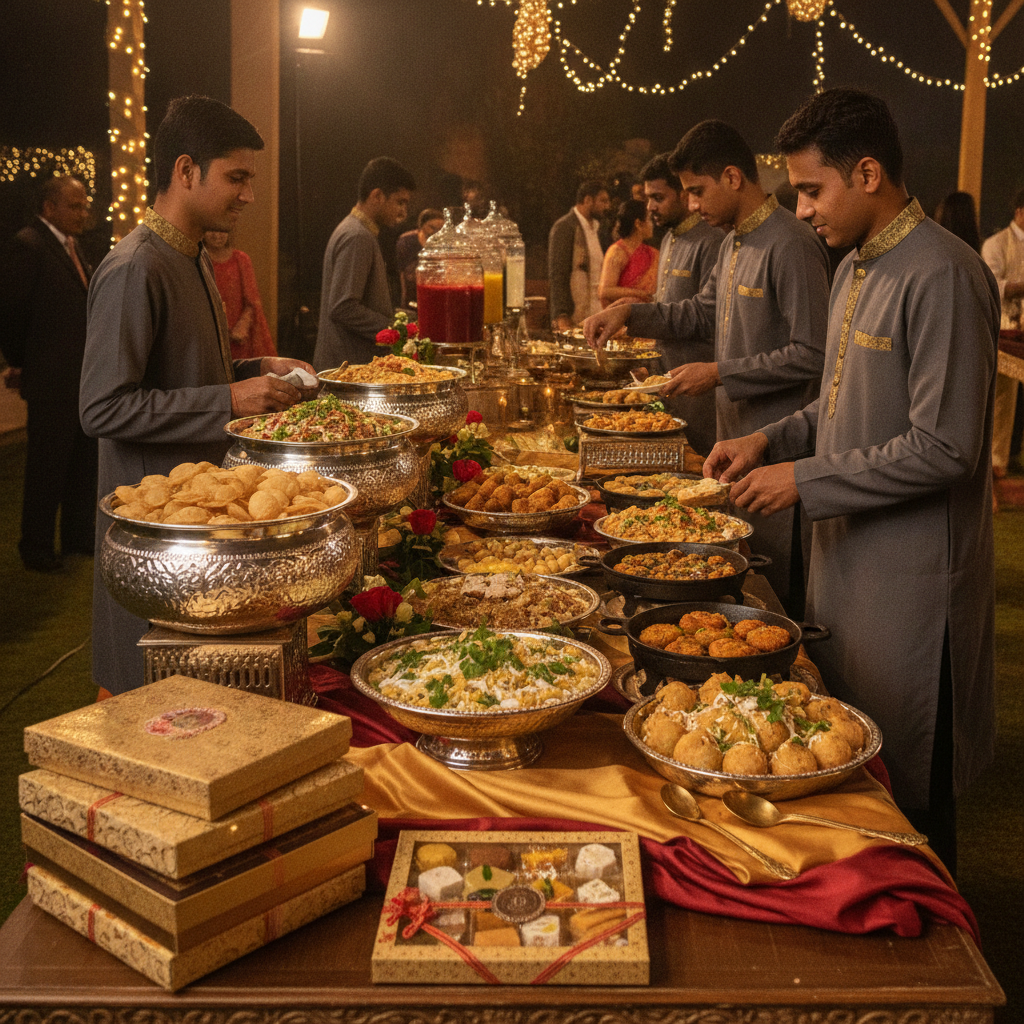 Elegant Indian catering spread with chaats, snack platters, and gift-ready mithai boxes arranged for an event in Brampton