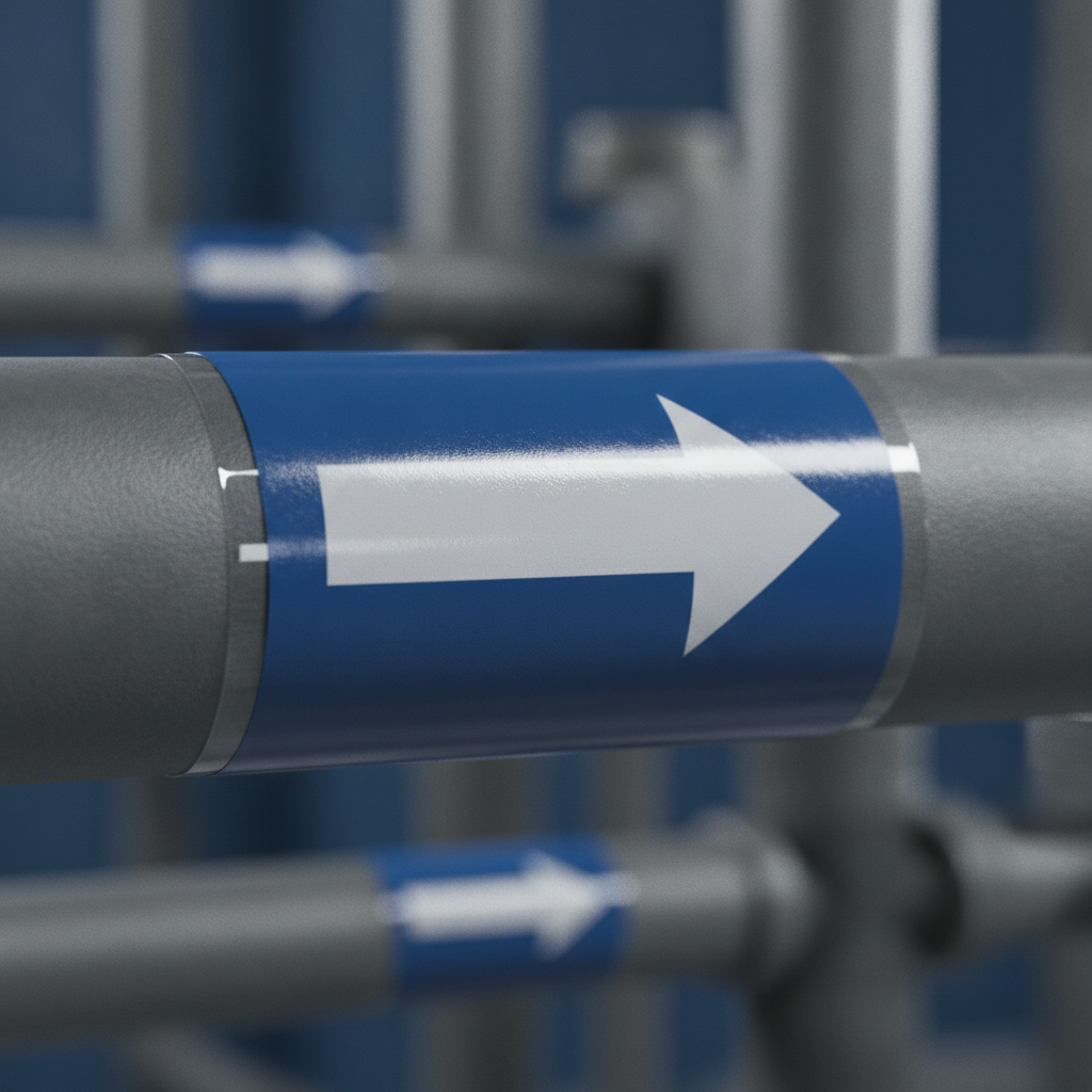 Close-up of ASME A13.1 style pipe marker as part of an industrial marking system