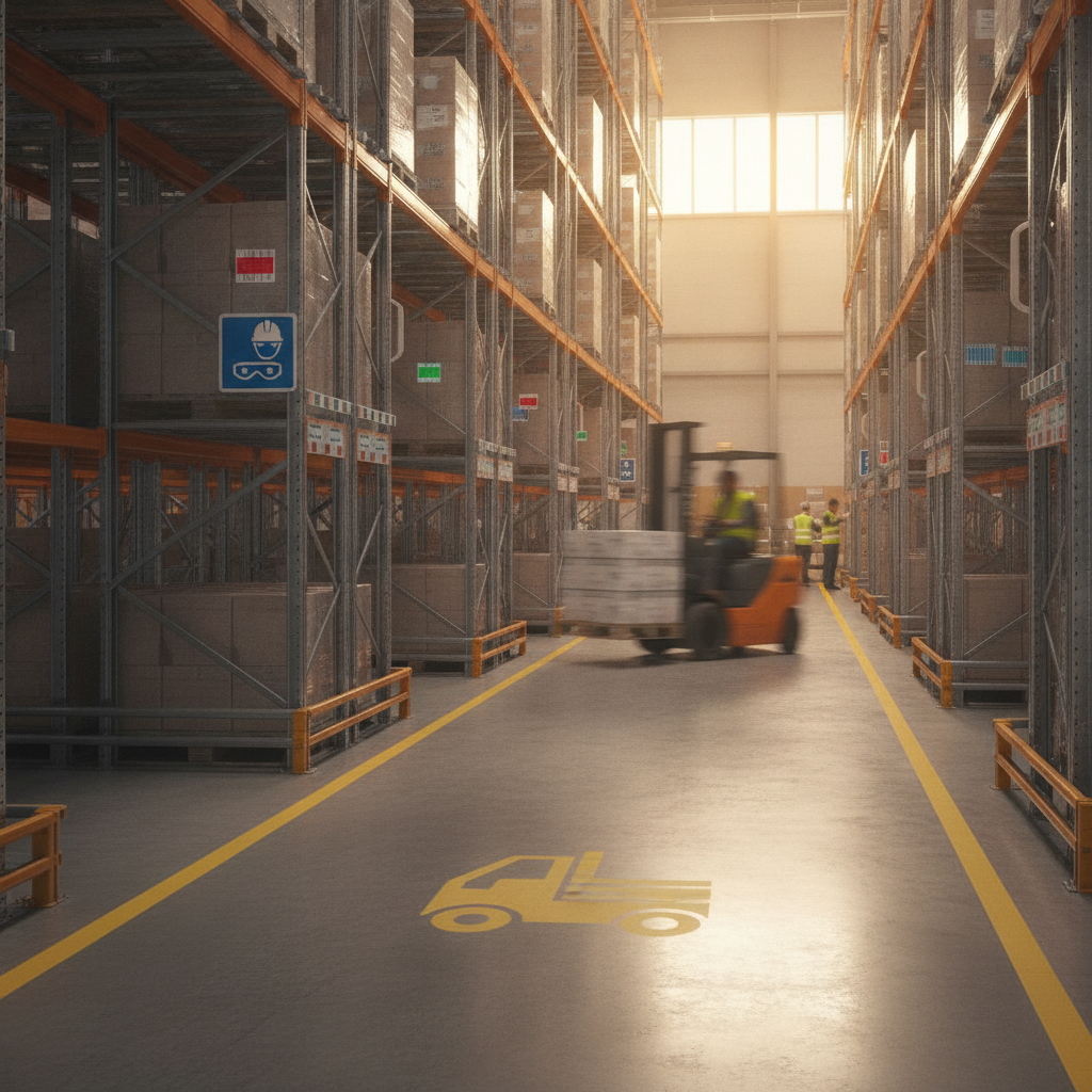 Warehouse aisle with floor lines, forklift symbol, and PPE signage illustrating a complete marking system