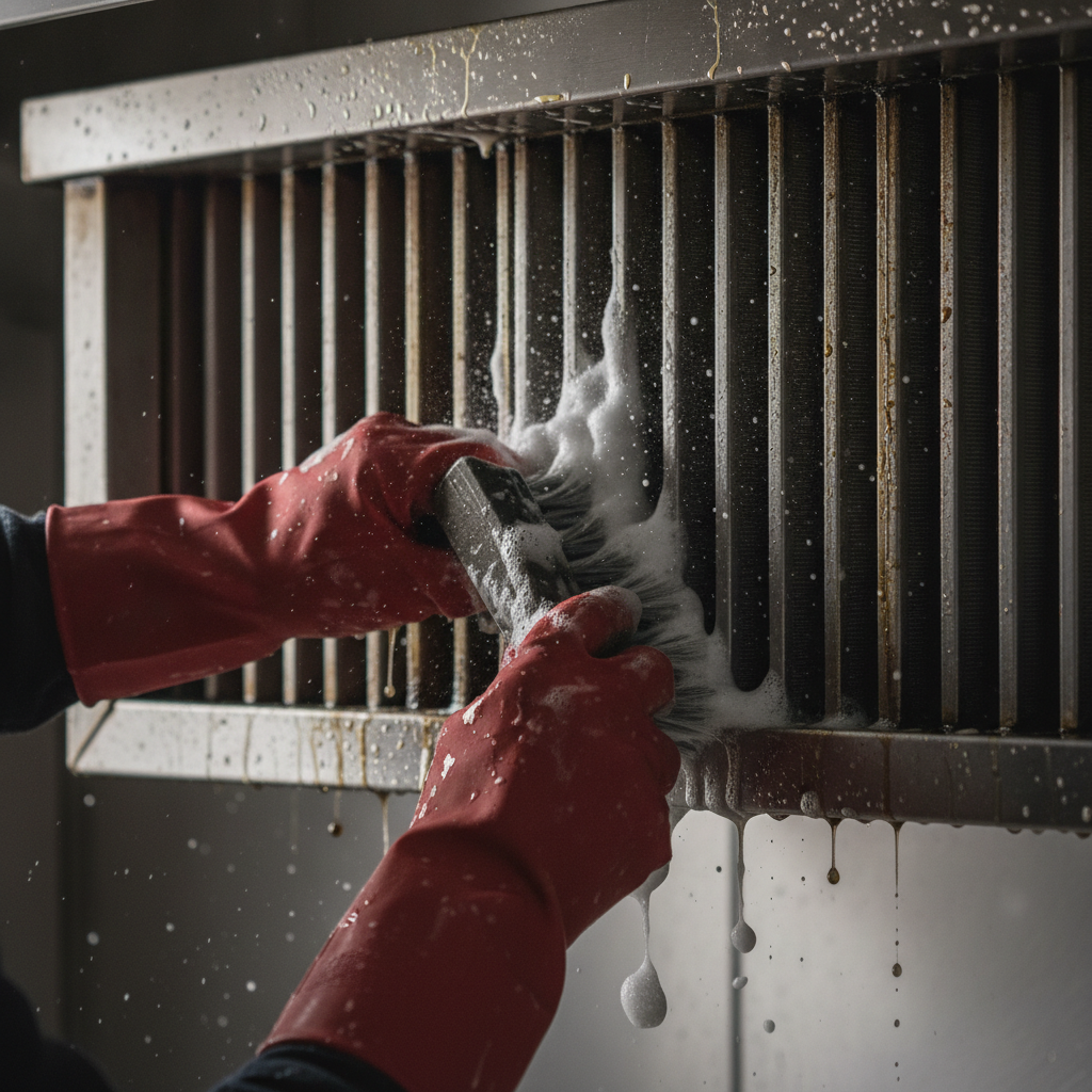 Close-up of baffle hood filter degreasing during deep cleaning the kitchen in a commercial operation
