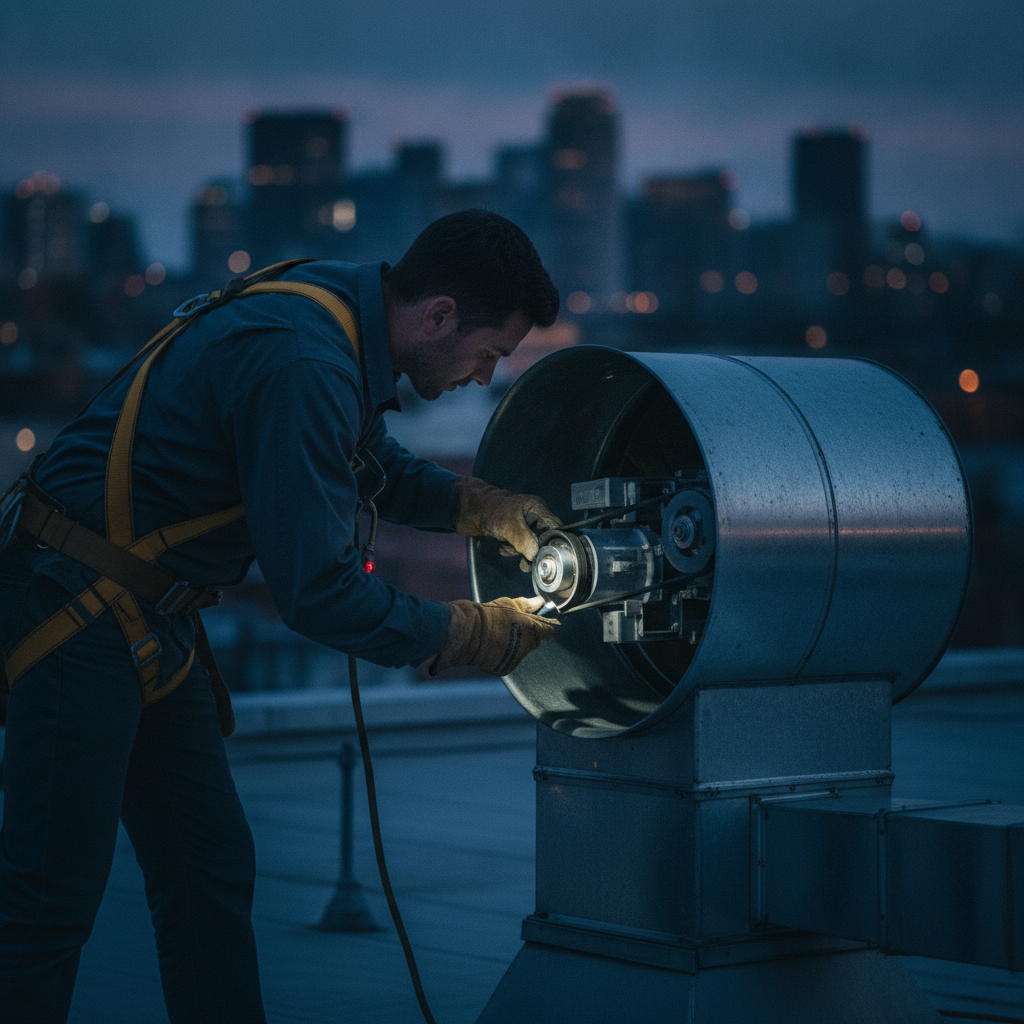 Technician inspecting rooftop exhaust fan belt during commercial kitchen deep cleaning in Ontario