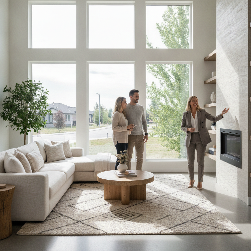 Couple touring a staged living room in Southwest Edmonton, reviewing features with an agent as part of the Terwillegar home-buying process
