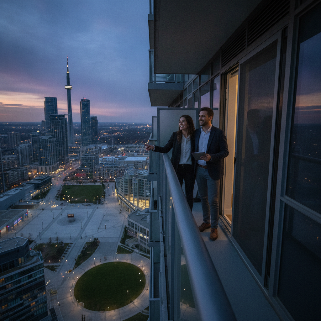 Mississauga condo balcony view at blue hour, couple with realtor evaluating skyline and park access