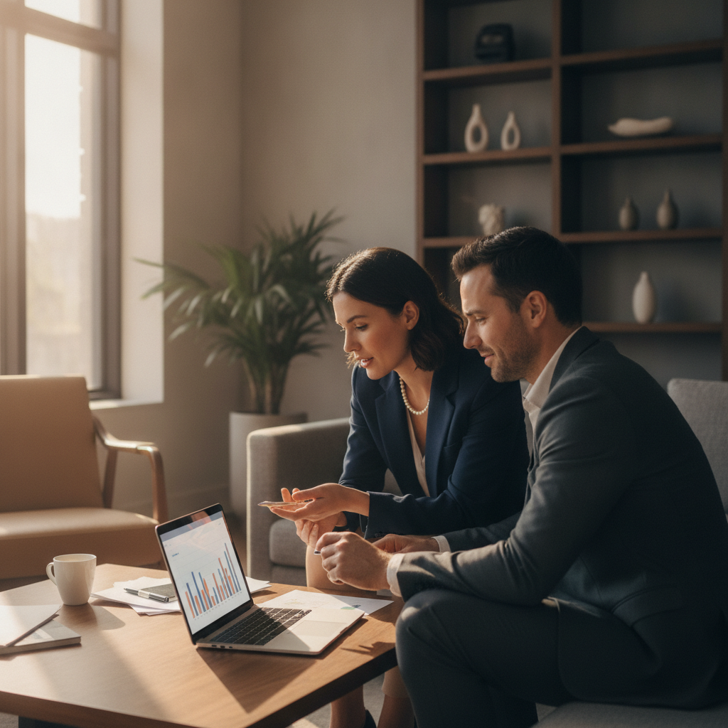 Advisor and investor discussing portfolio advisory services strategy in a modern office, warm lighting, collaborative planning scene
