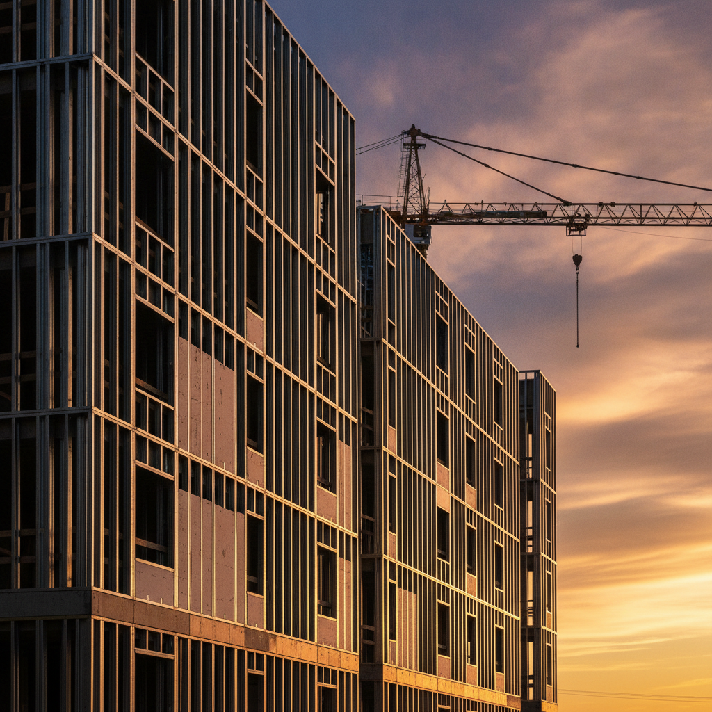 Exterior heavy-gauge cold-formed steel framing on a mid-rise building during golden hour