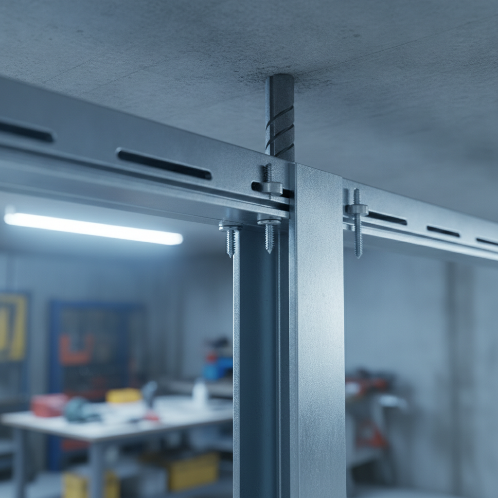 Close-up of slotted deflection track with steel stud seated for head-of-wall movement in steel stud framing