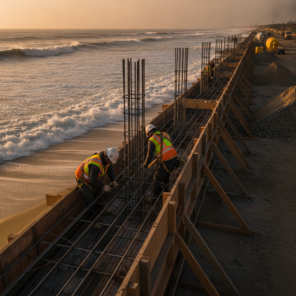 Crew tying galvanized reinforcing steel in a coastal seawall form, demonstrating corrosion-resistant rebar best practices