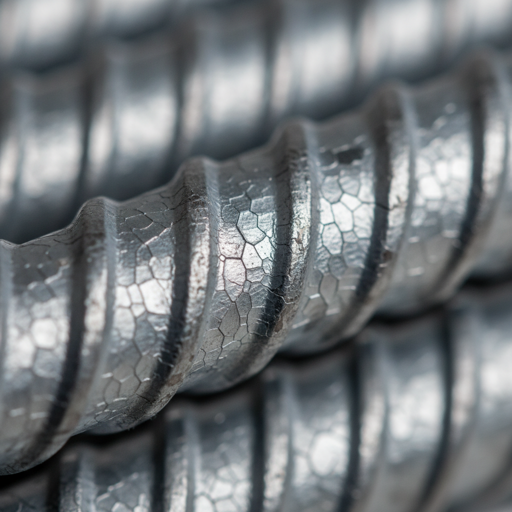 Close-up of hot-dip galvanized reinforcing steel showing zinc spangle and ribs for superior corrosion resistance
