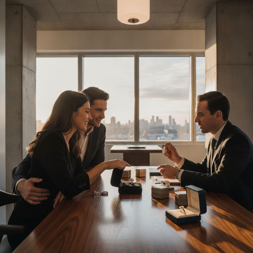 Couple consulting with a jeweler in New York about lab-grown engagement rings and settings that influence total cost