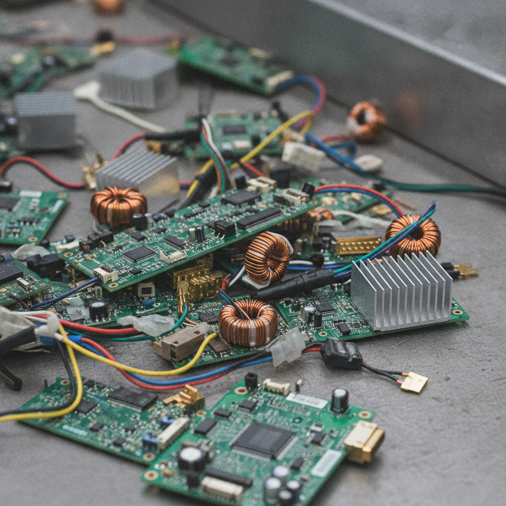 Close-up of circuit boards, copper coils, and connectors prepared to recycle electronics in Etobicoke