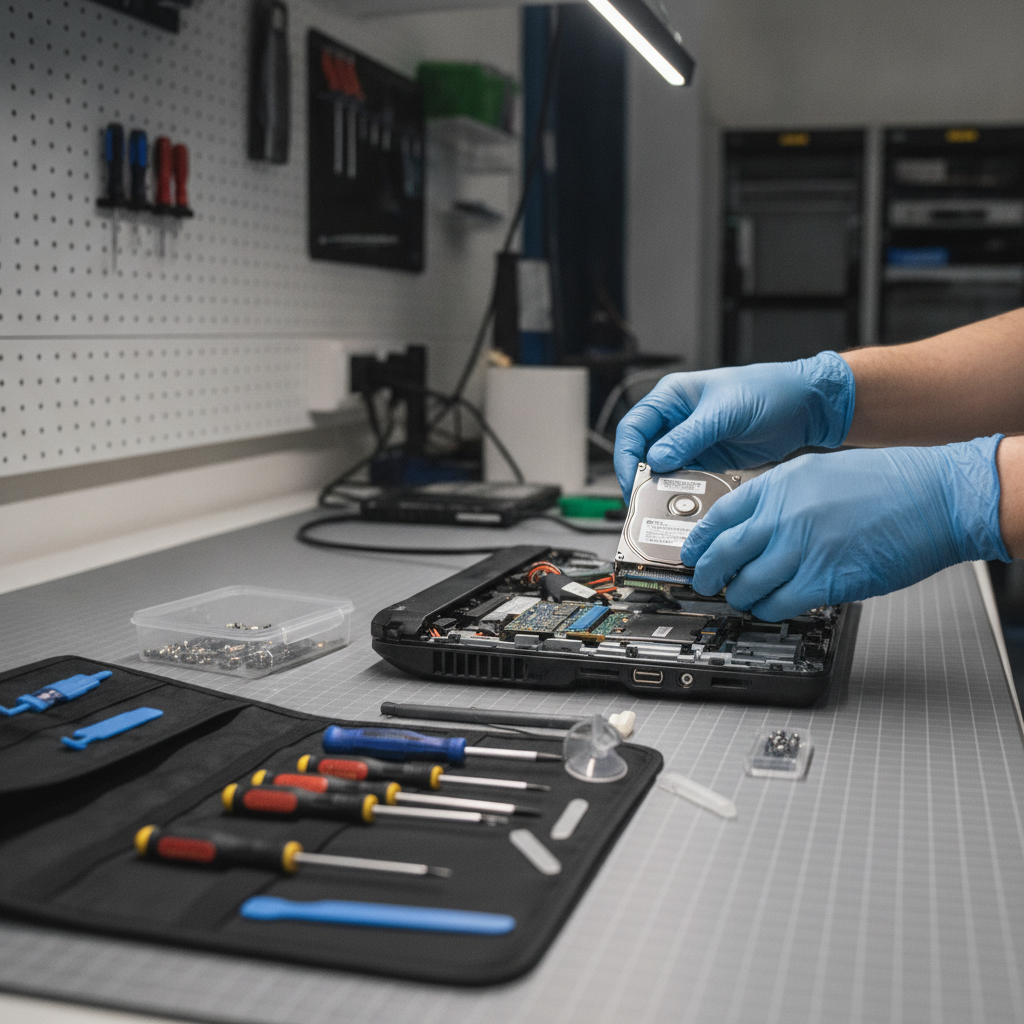 Technician removing a laptop hard drive for secure data destruction before electronics recycling