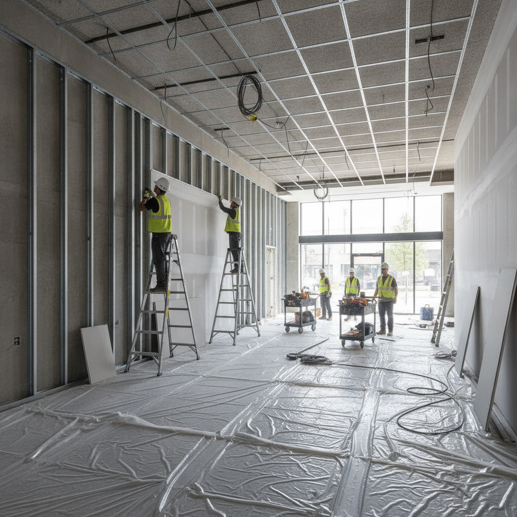 Commercial Remodels: Cut Downtime & Open Faster in 2026 3 Wide shot of a commercial retail space mid-renovation with exposed studs, ceiling grid, and coordinated contractor team on site
