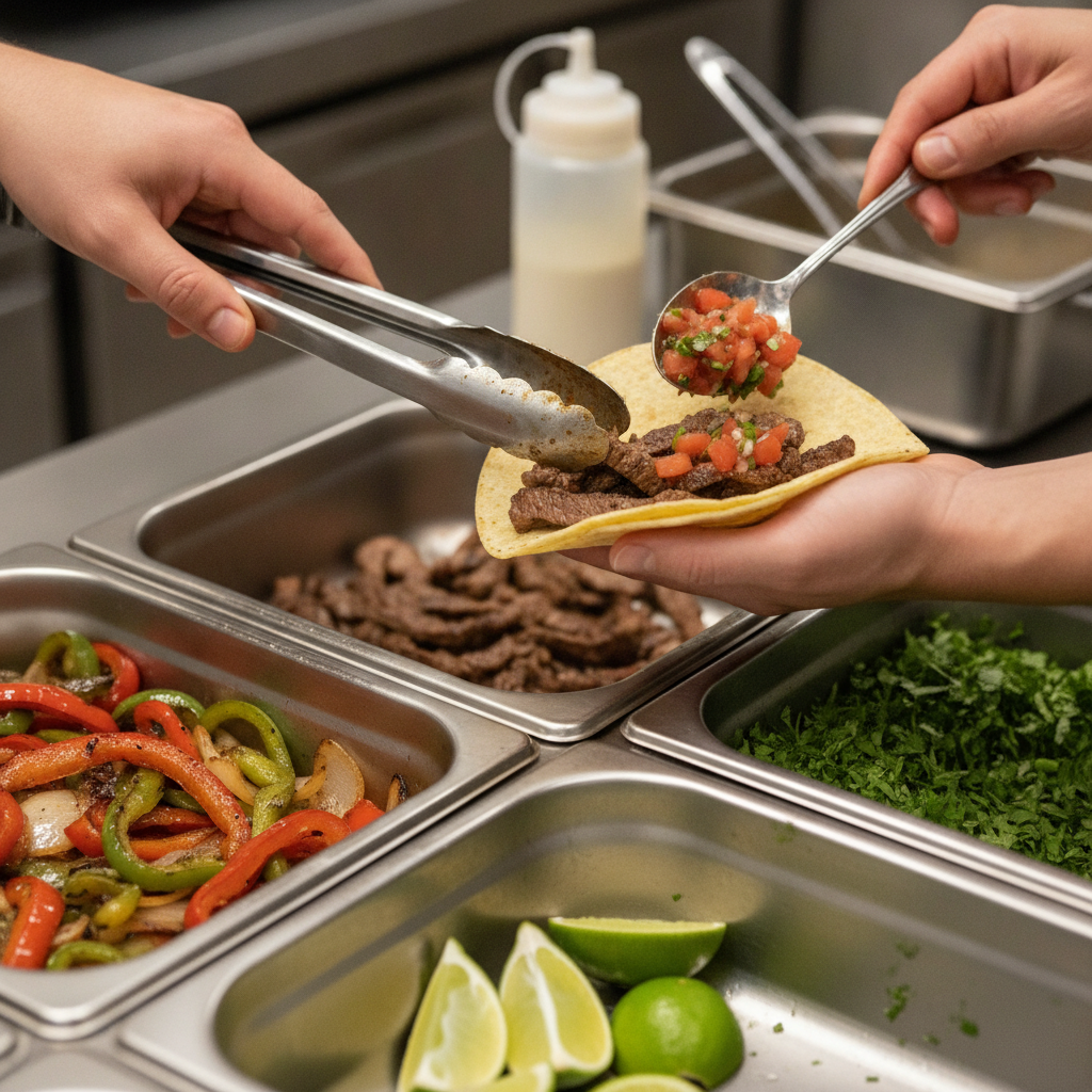 Close-up taco bar assembly with corn tortillas, carne asada, peppers, pico de gallo, and lime for group ordering