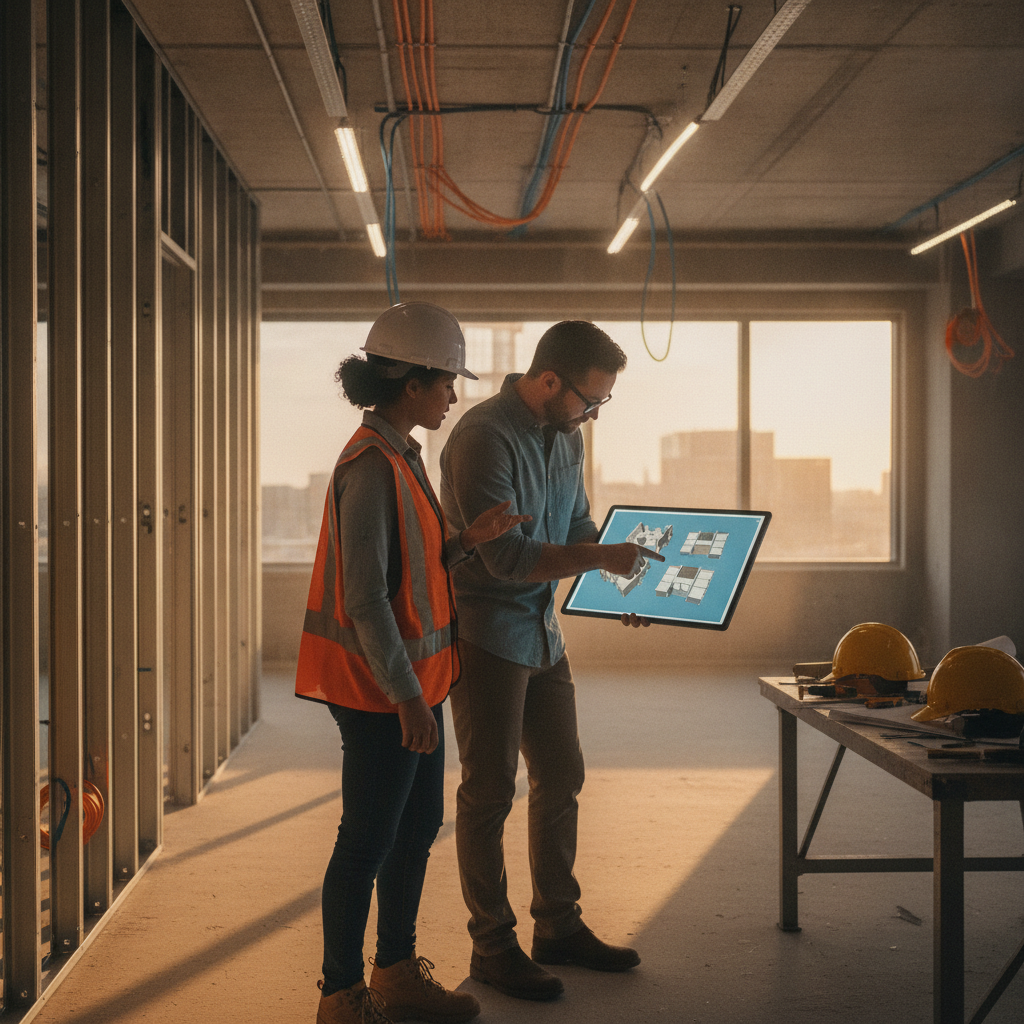 Commercial Remodels: Cut Downtime & Open Faster in 2026 2 Project manager and designer reviewing a 3D floor plan on a tablet during an office build-out with framed walls and work lights