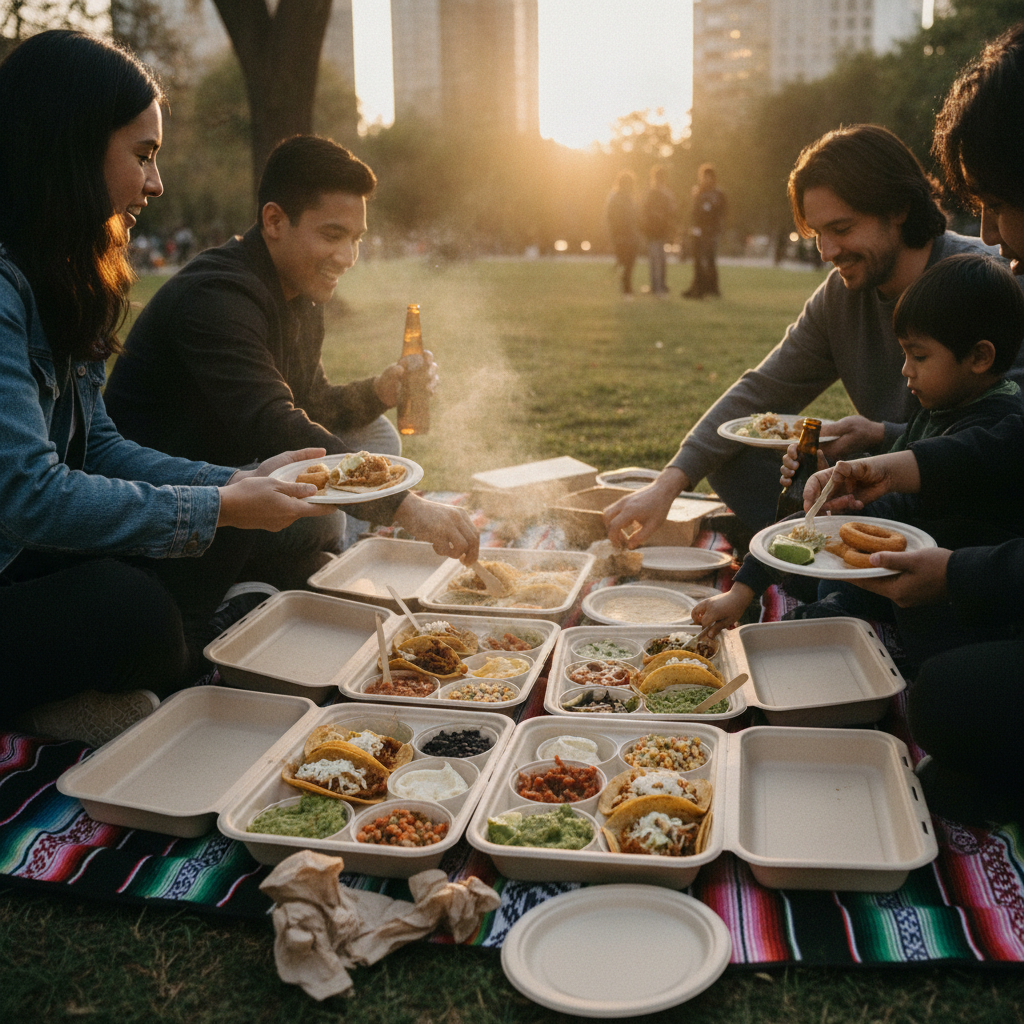 Catering trays of Mexican food being served picnic-style outdoors for a group near Old Toronto