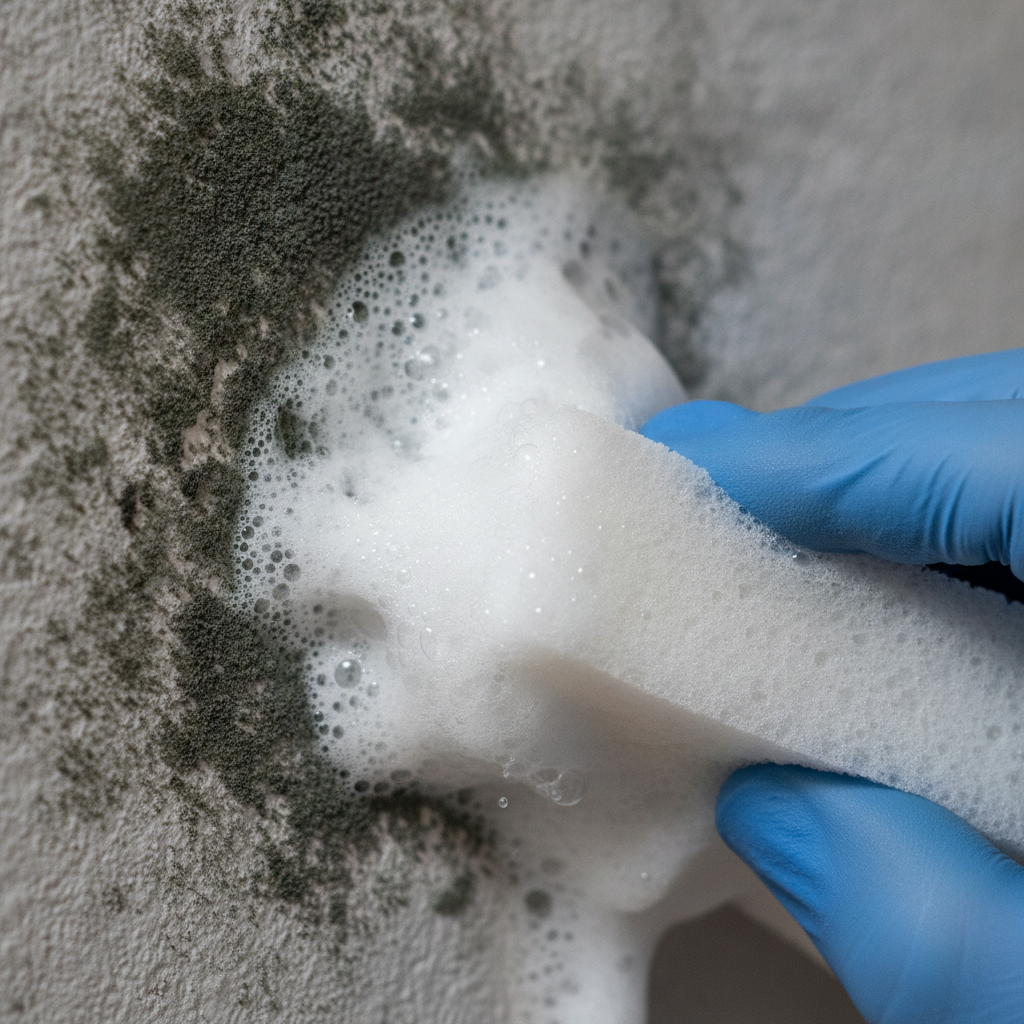 Close-up of mold on painted drywall being treated with hydrogen peroxide, showing how to kill mold on drywall safely