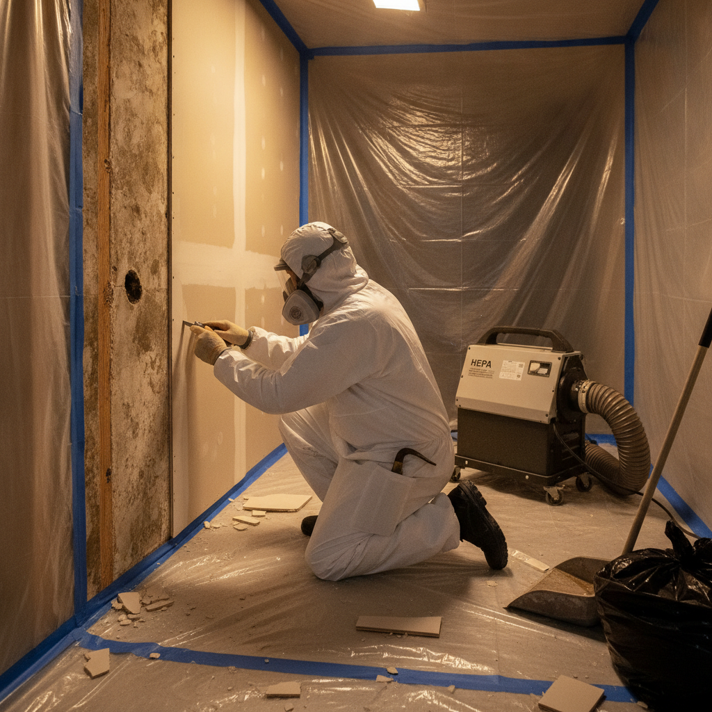 Technician cutting out mold-damaged drywall section within containment, an essential step when you cannot kill mold on drywall due to saturation
