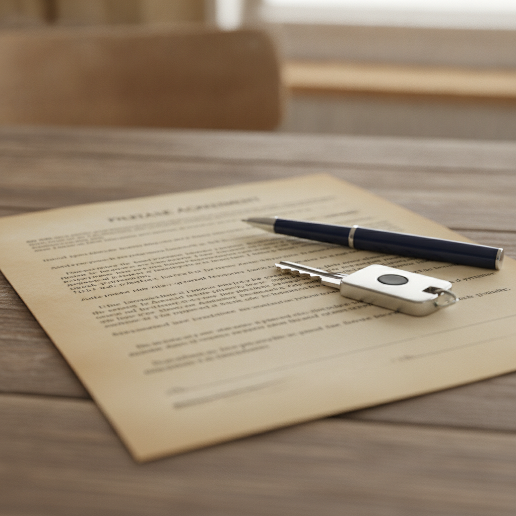 Close-up of a real estate purchase agreement and house key used in a buying a house counter offer negotiation