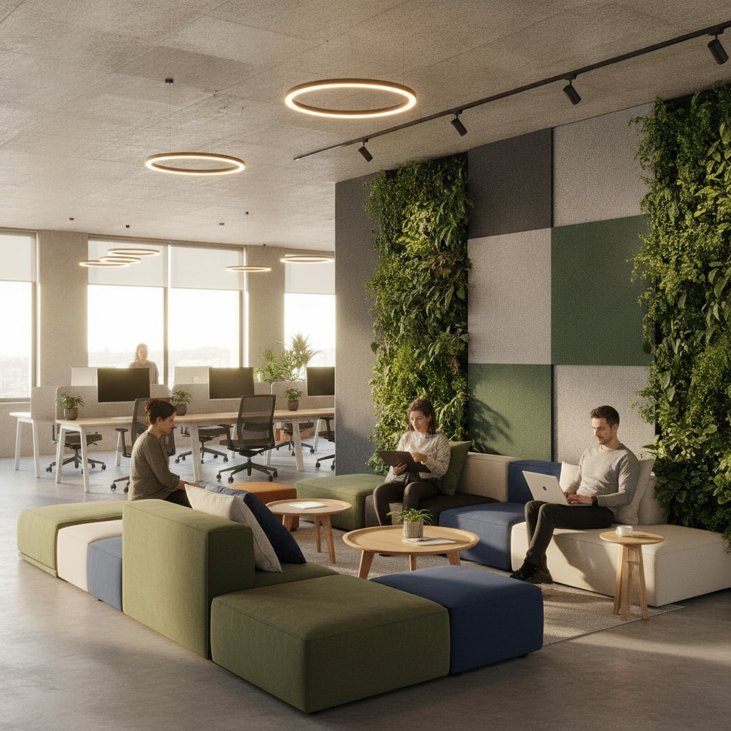 Finished collaborative workspace after an office remodel with biophilic design, acoustic panels, and flexible seating