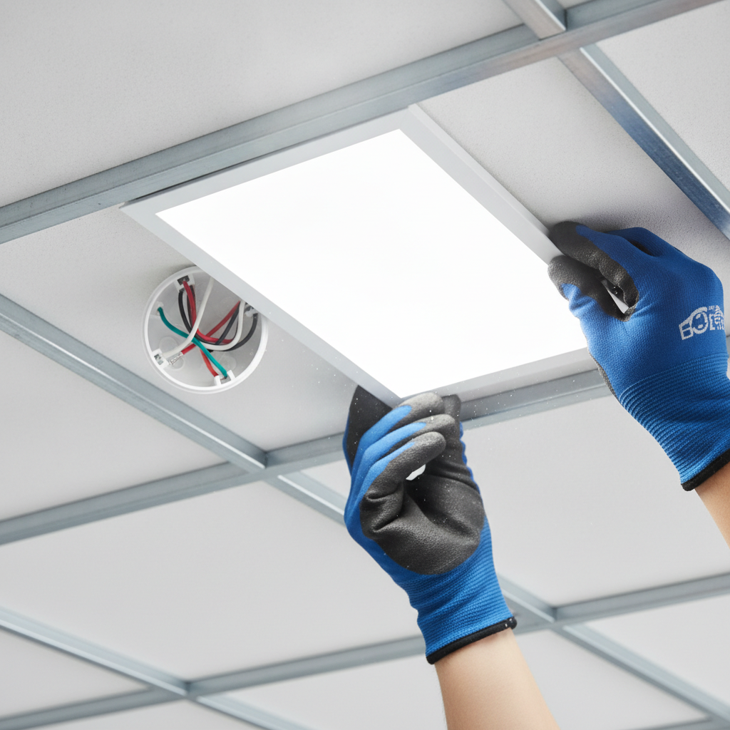 Close-up of recessed LED panel installation during office remodeling, showing safe wiring and ceiling grid details