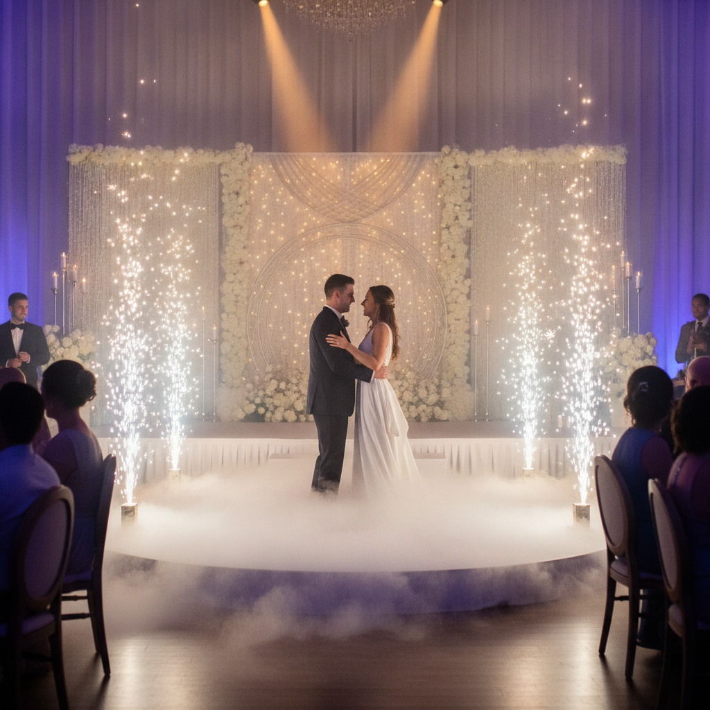 Couple’s first dance with cold sparkler fountains and dry ice clouds for an Oakville wedding DJ plan