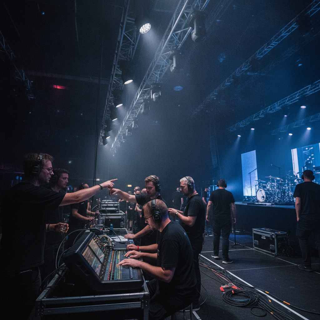 Backstage production crew in London coordinating lighting and sound for a gala event
