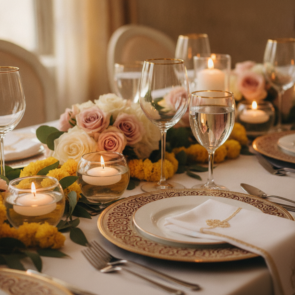 South Asian wedding tablescape close-up with marigolds, gold-rimmed glassware, and floating candles styled by a London event company