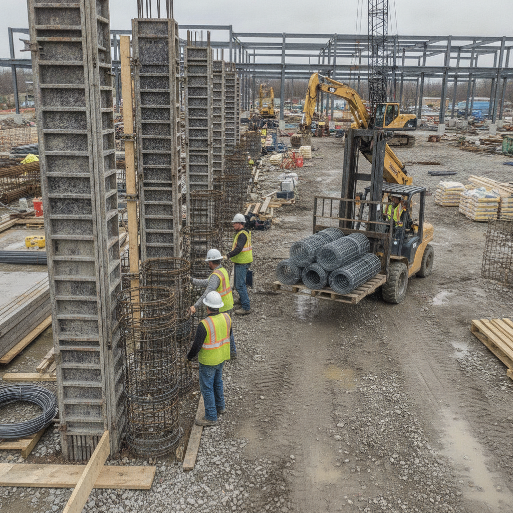 Crew staging rebar cages and welded wire mesh during rebar delivery at an Ontario jobsite