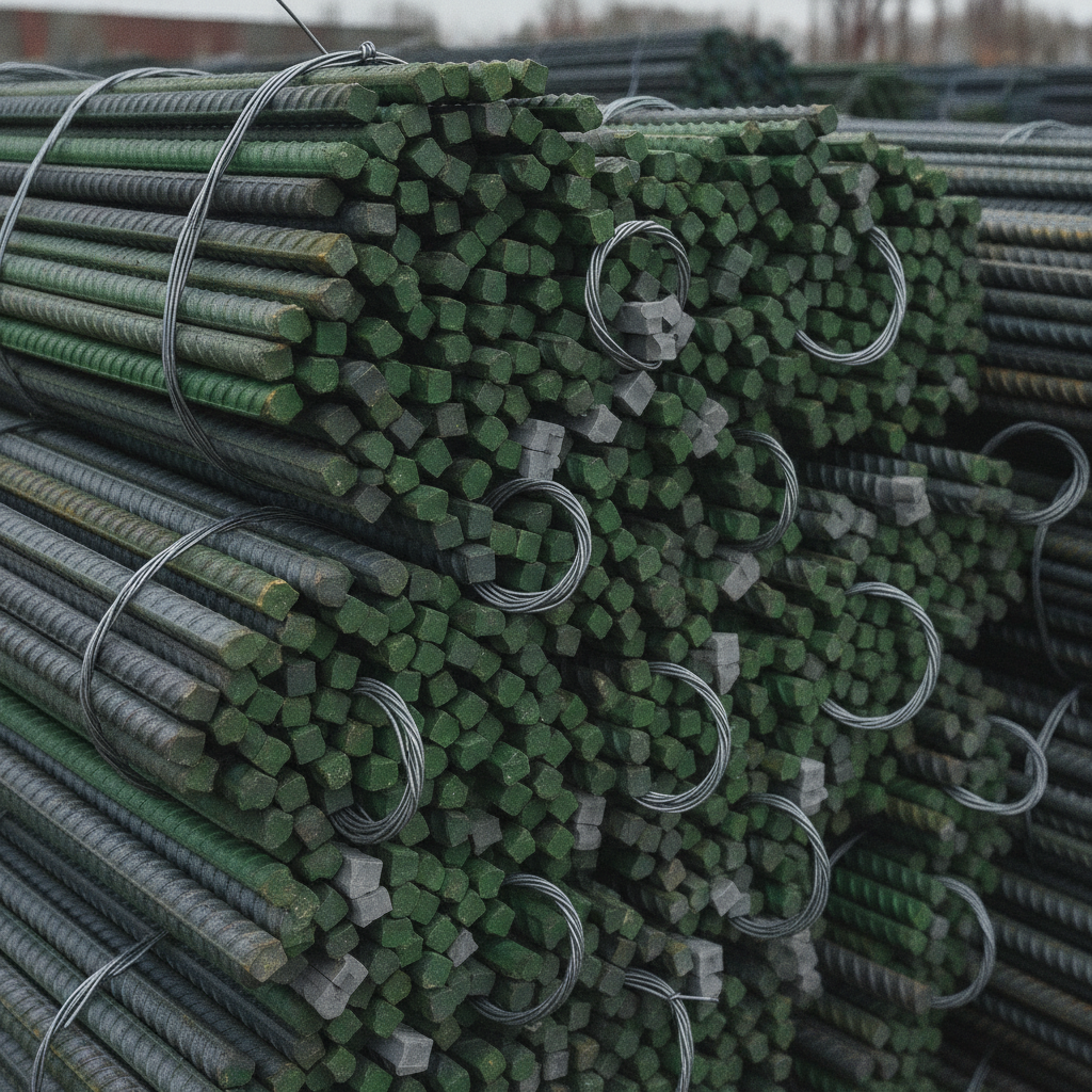 Close-up detail of 20M rebar bundle with epoxy-coated bars and ribbed texture for rebar delivery quality control